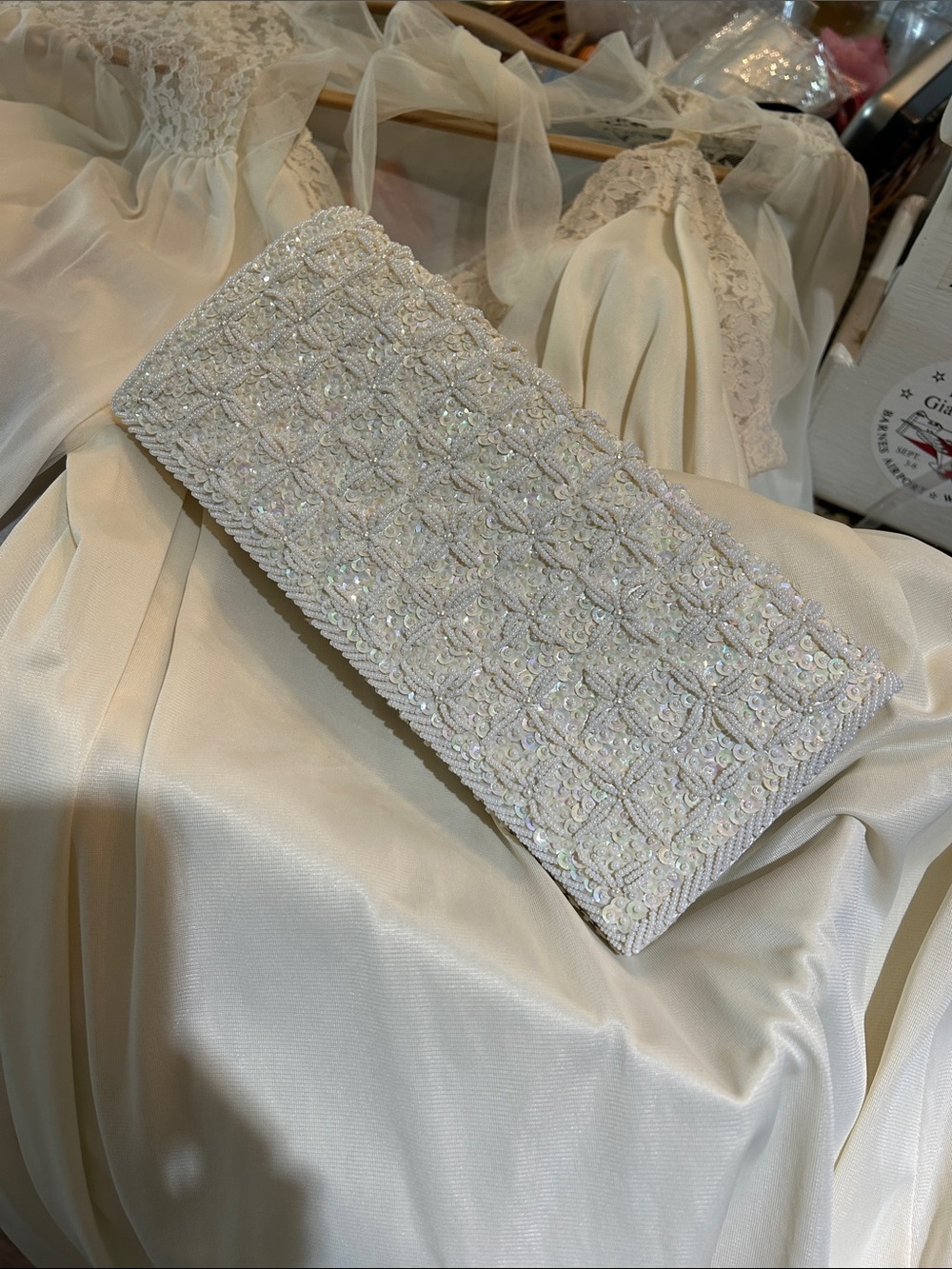 1960’s Crown Colony Hong Kong Embellished Ivory Sequin Clutch Evening Bag
